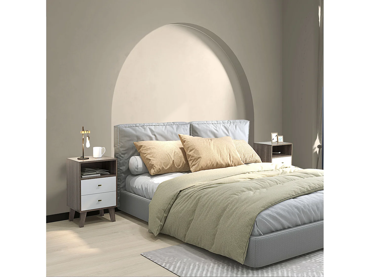 Set 2 comodini moderni con 2 cassetti e vano aperto in legno grigio