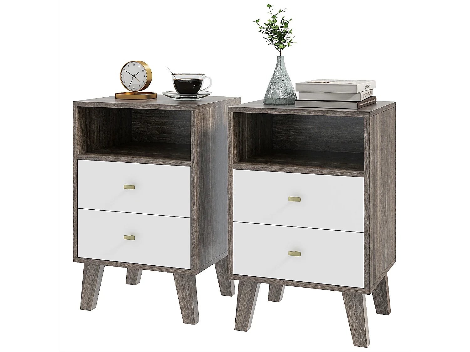 Set 2 comodini moderni con 2 cassetti e vano aperto in legno grigio