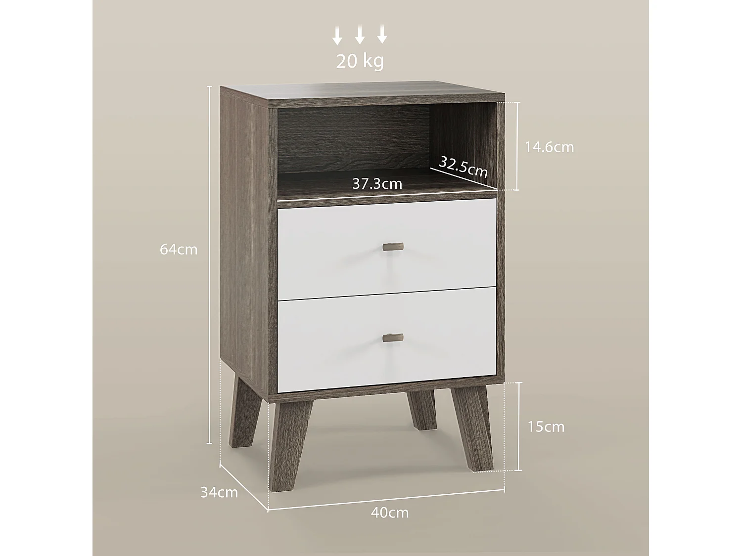 Set 2 comodini moderni con 2 cassetti e vano aperto in legno grigio