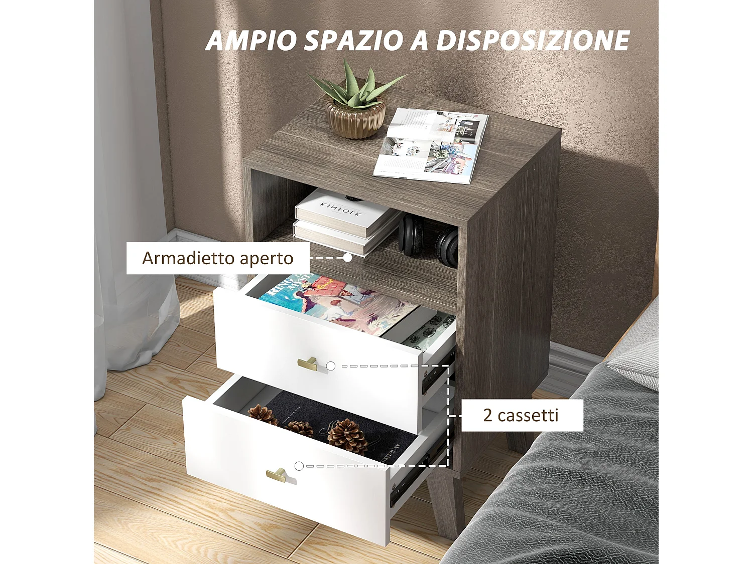 Set 2 comodini moderni con 2 cassetti e vano aperto in legno grigio