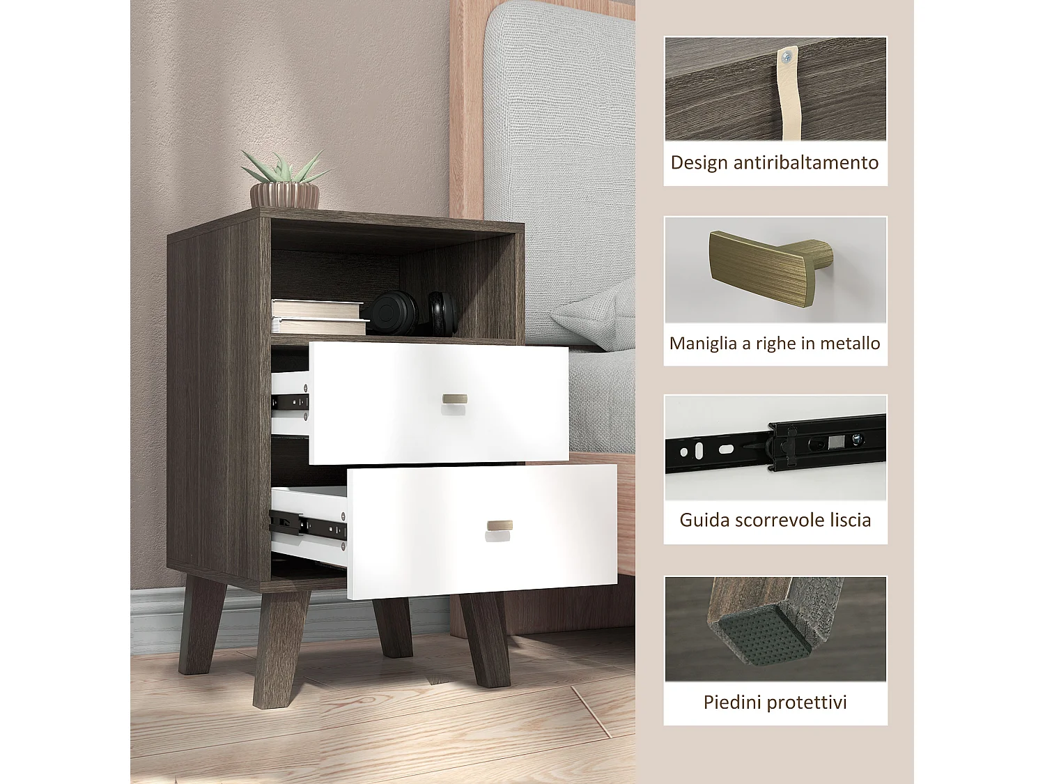 Set 2 comodini moderni con 2 cassetti e vano aperto in legno grigio