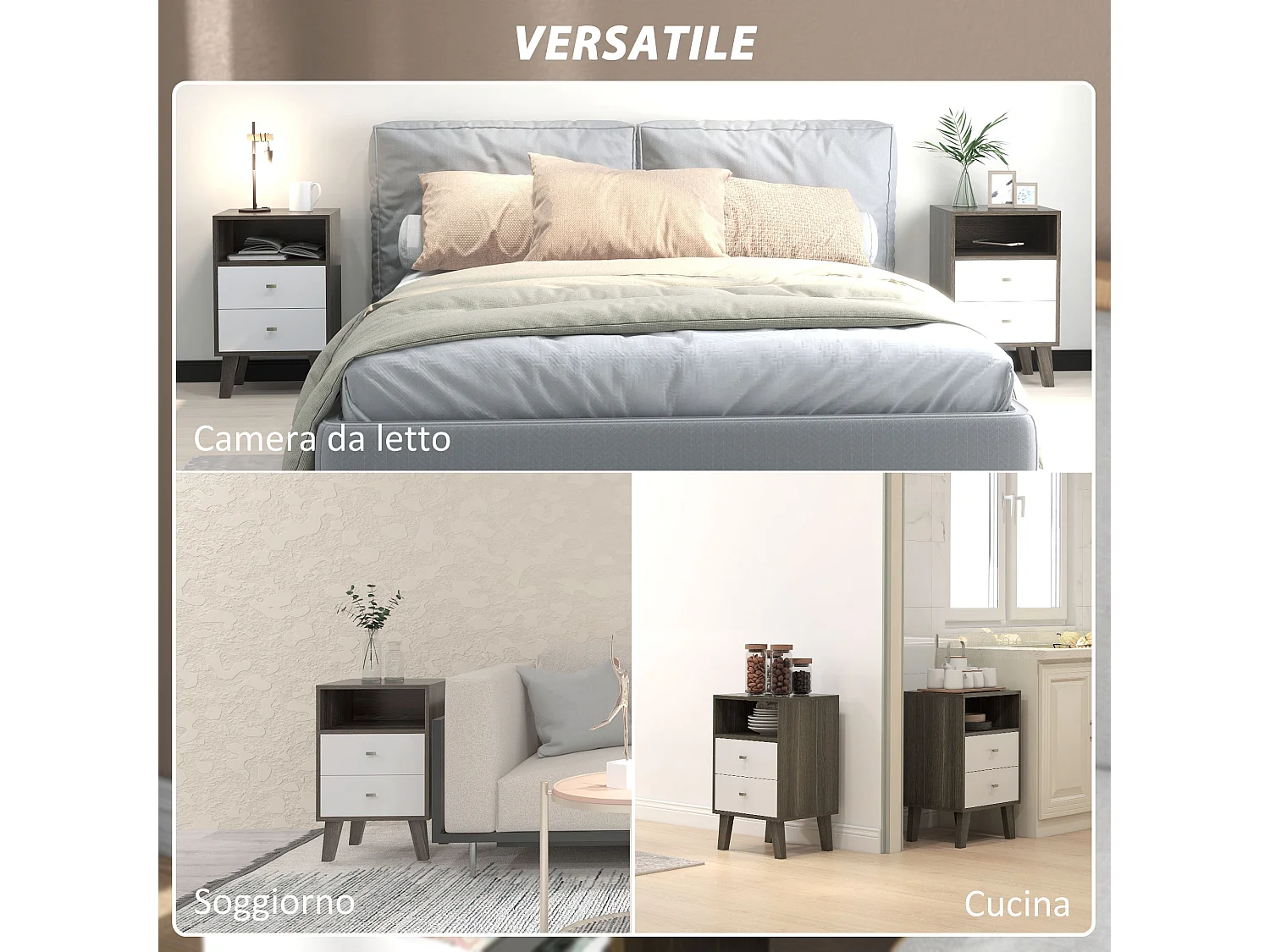Set 2 comodini moderni con 2 cassetti e vano aperto in legno grigio