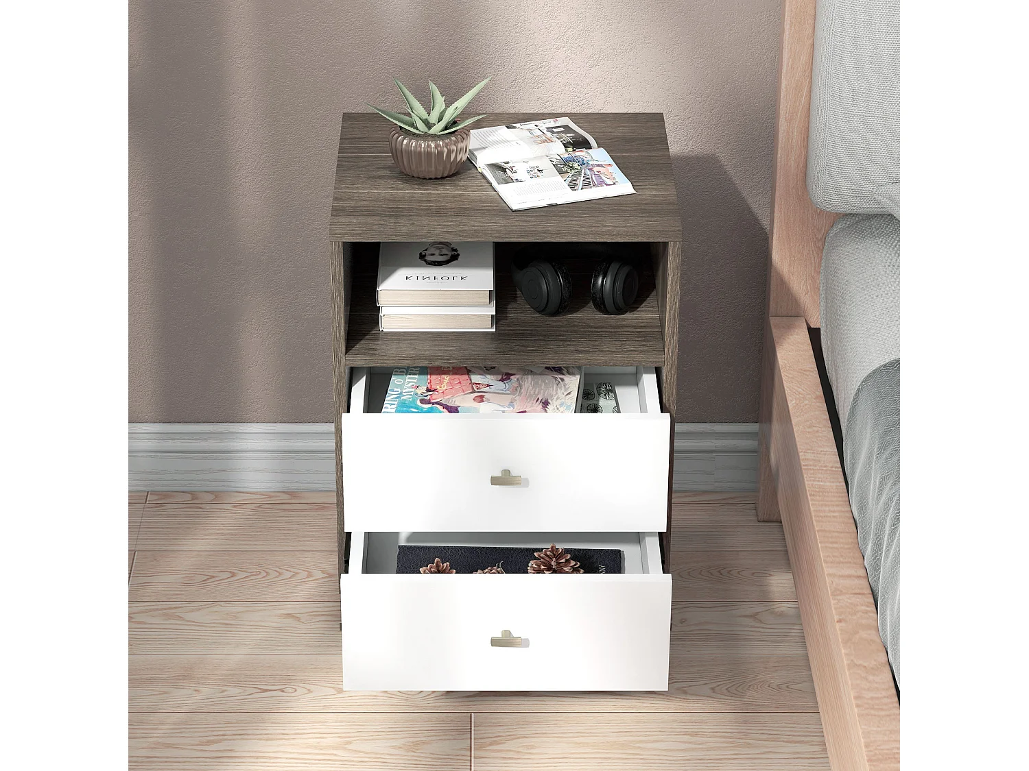 Set 2 comodini moderni con 2 cassetti e vano aperto in legno grigio