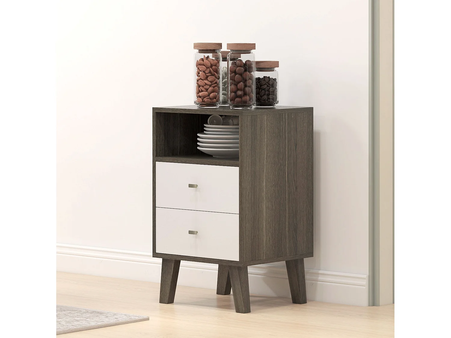 Set 2 comodini moderni con 2 cassetti e vano aperto in legno grigio