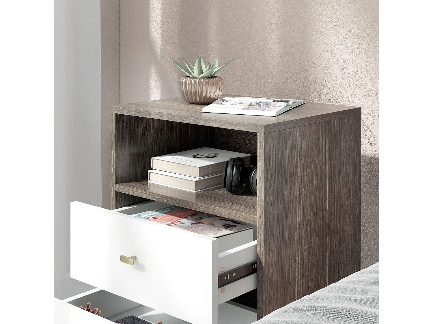 Set 2 comodini moderni con 2 cassetti e vano aperto in legno grigio