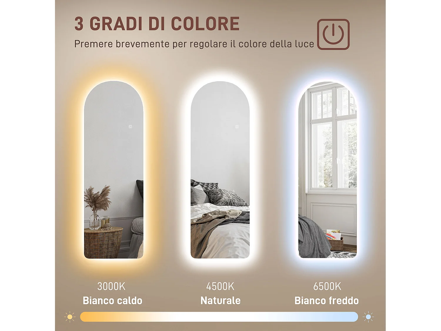 Specchio da parete ad arco con illuminazione led regolabile 40x3x120cm