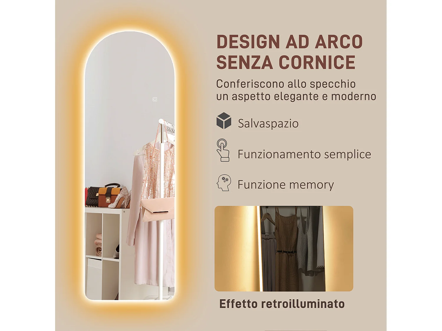 Specchio da parete ad arco con illuminazione led regolabile 40x3x120cm