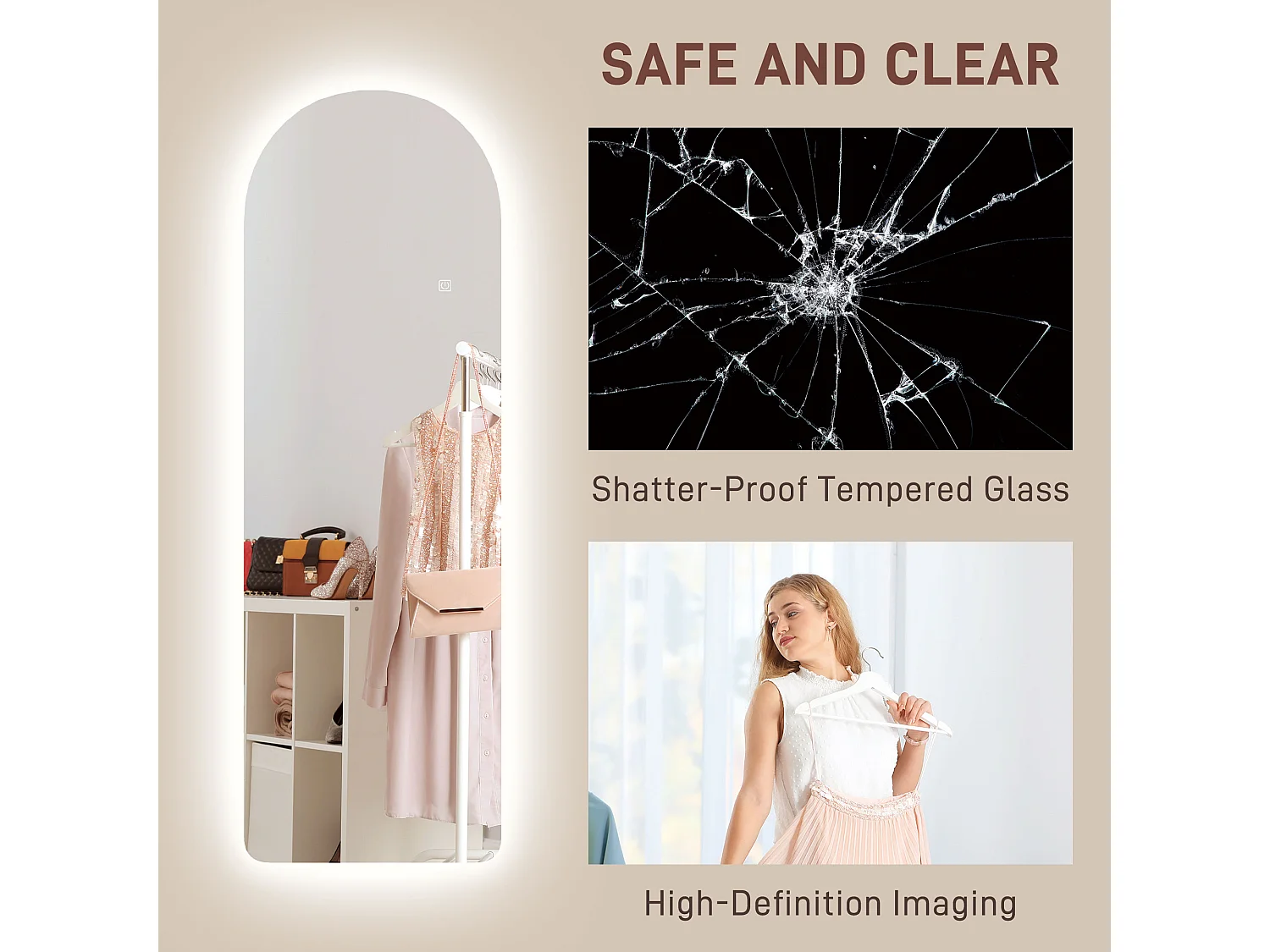 Specchio da parete ad arco con illuminazione led regolabile 40x3x120cm