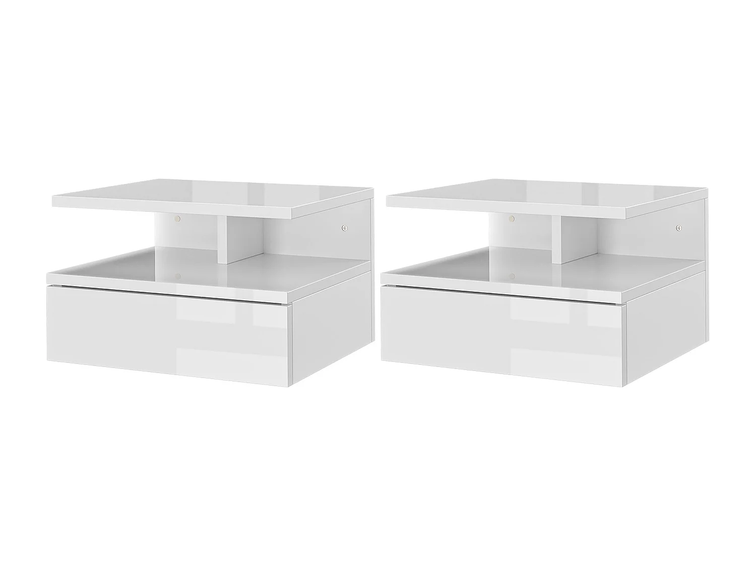 Set 2 comodini sospesi con cassetto e mensola bianco lucido