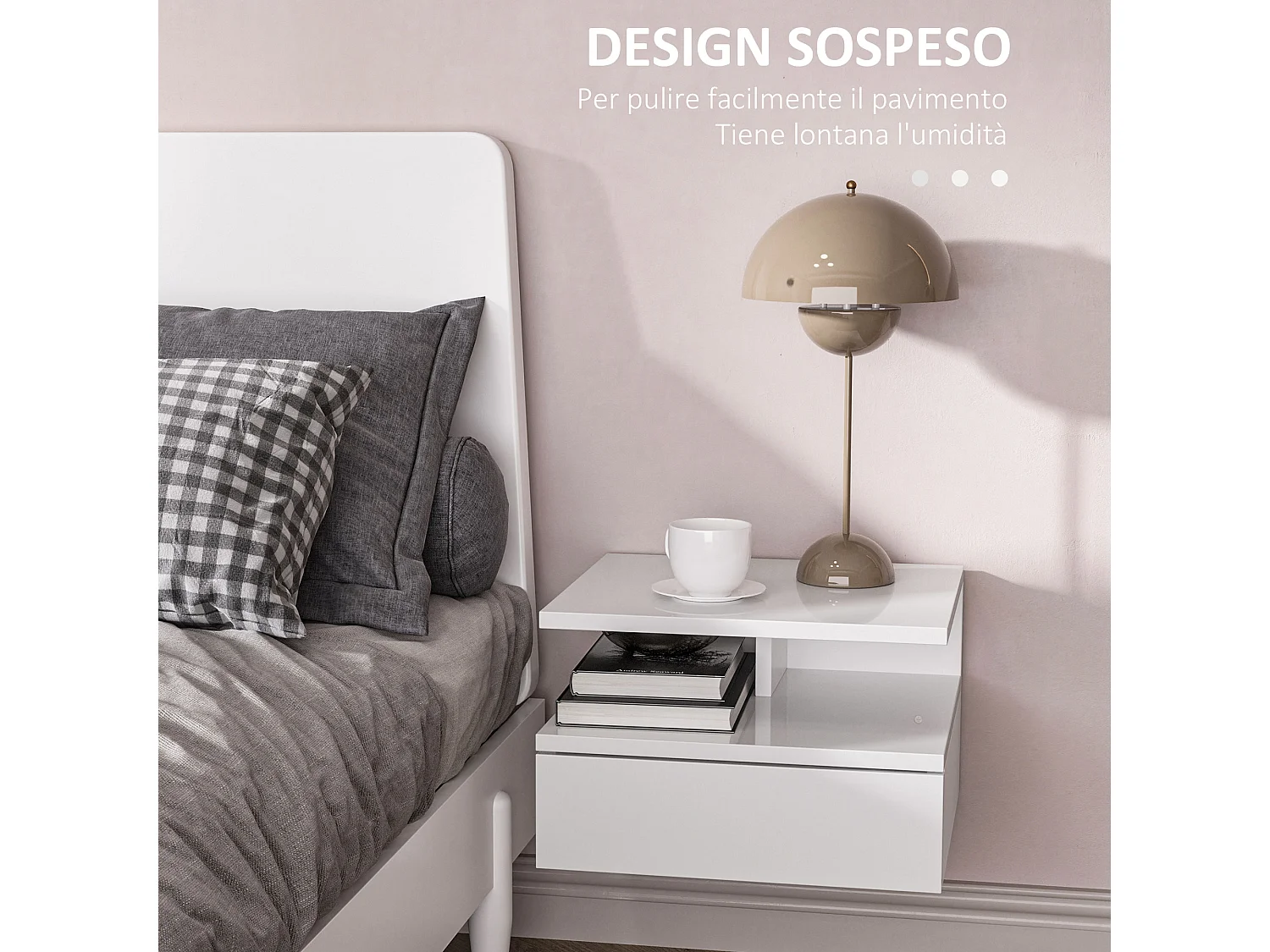 Set 2 comodini sospesi con cassetto e mensola bianco lucido