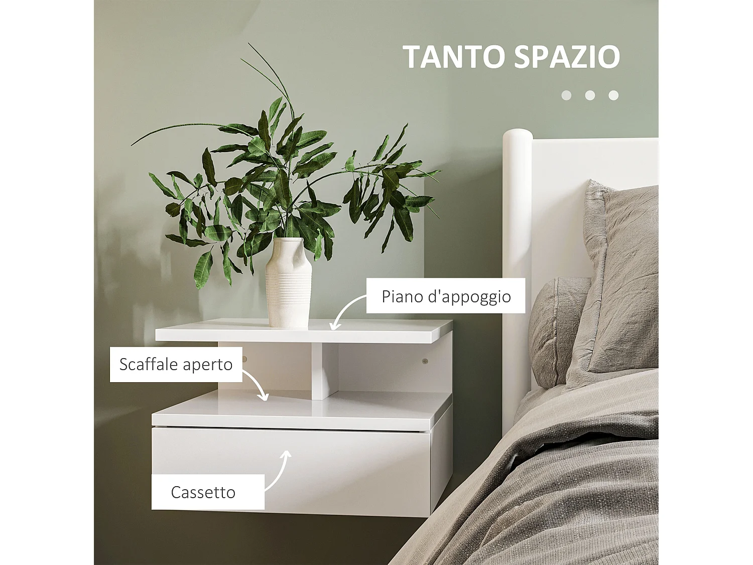 Set 2 comodini sospesi con cassetto e mensola bianco lucido