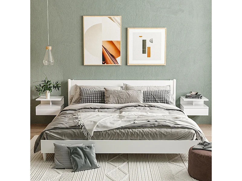 Set 2 comodini sospesi con cassetto e mensola bianco lucido