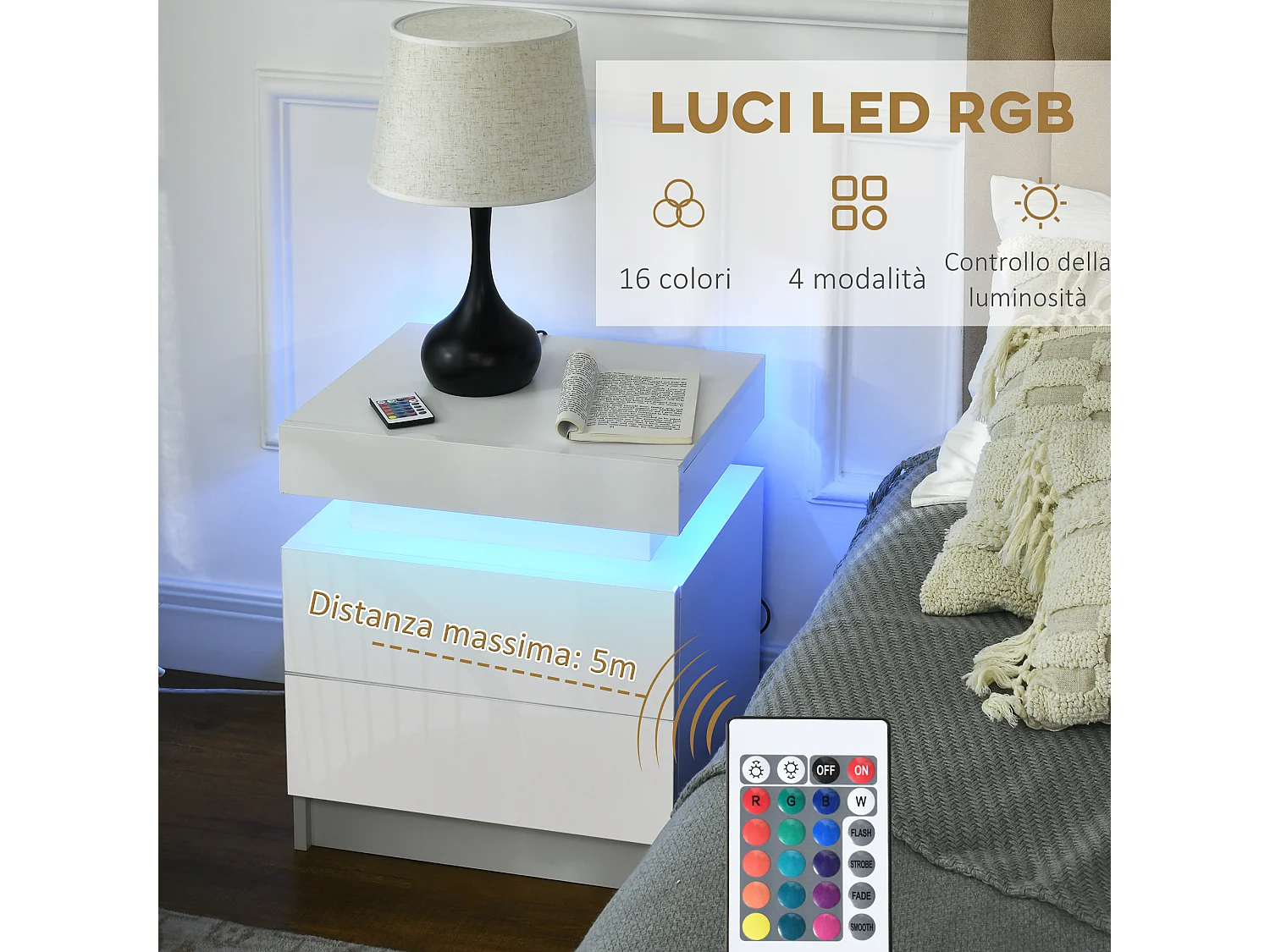 Comodino con luce led rgb 2 cassetti e 16 colori 45x35x52cm