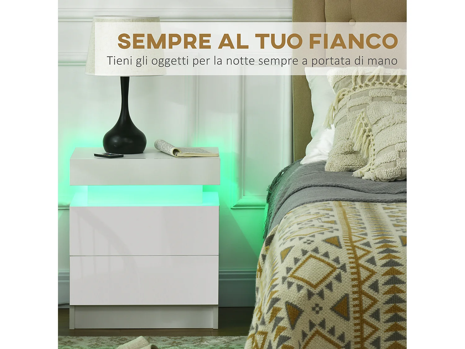 Comodino con luce led rgb 2 cassetti e 16 colori 45x35x52cm