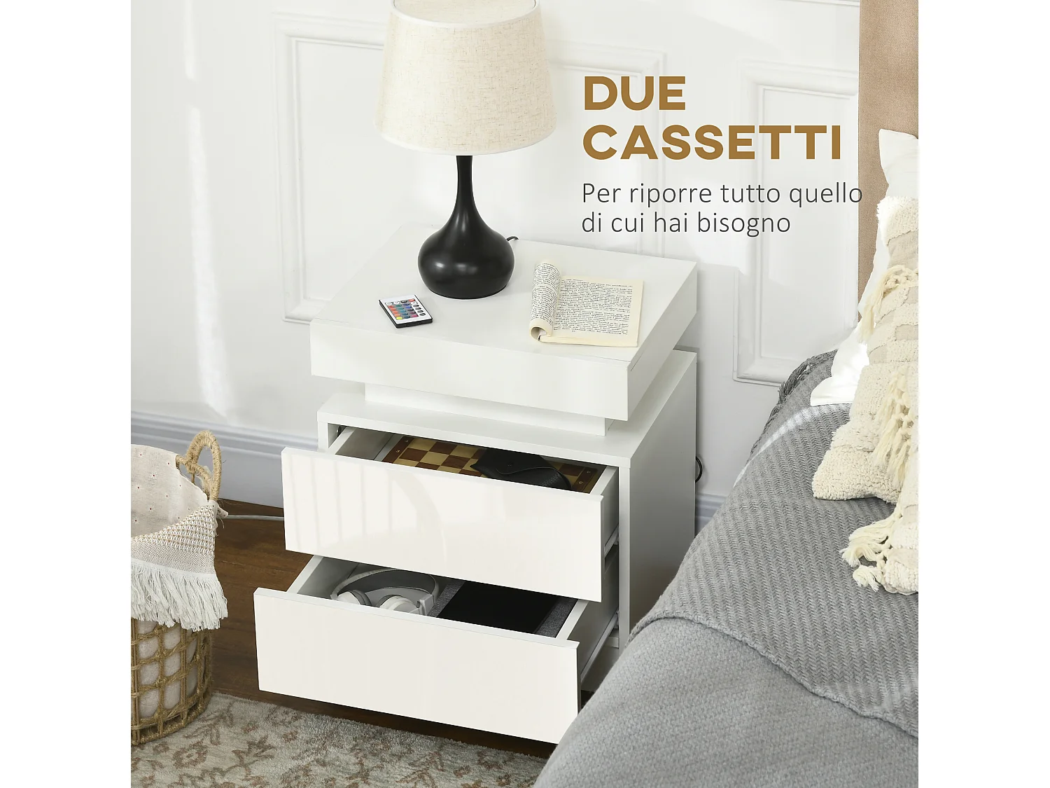 Comodino con luce led rgb 2 cassetti e 16 colori 45x35x52cm