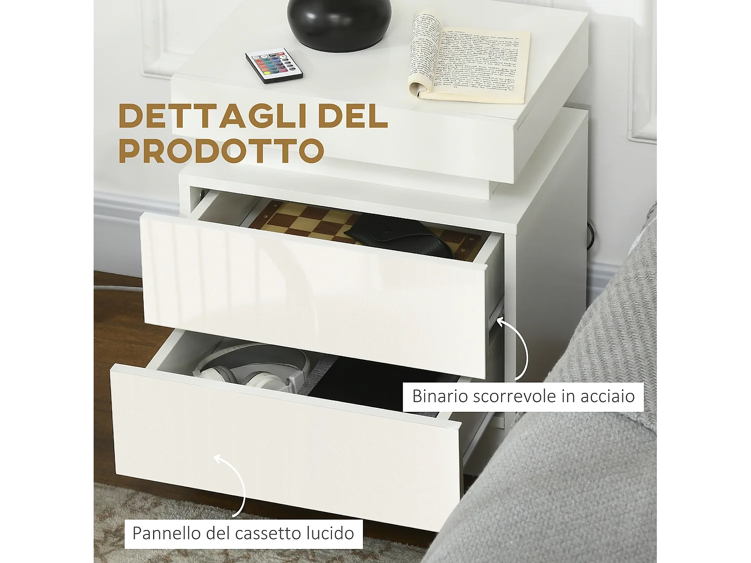 Comodino con luce led rgb 2 cassetti e 16 colori 45x35x52cm