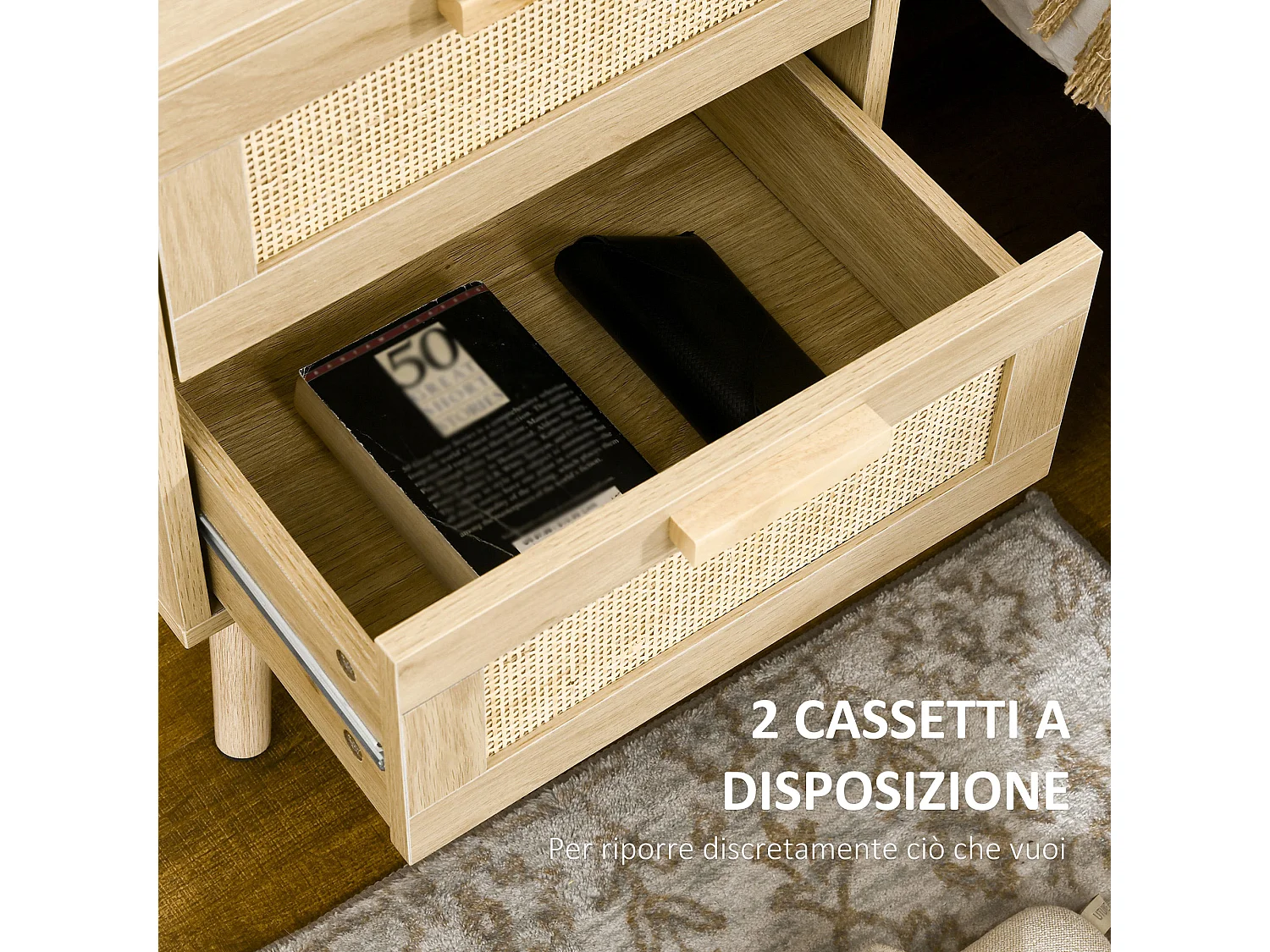 Comodino con 2 cassetti in stile boho colore legno