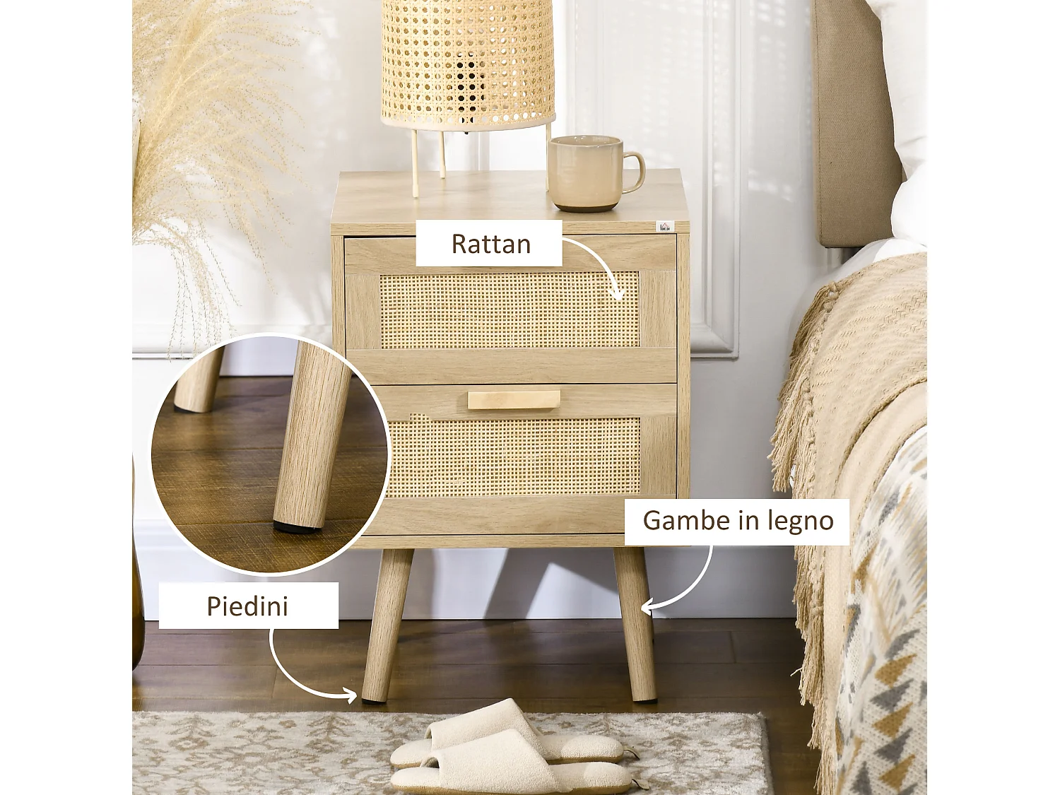 Comodino con 2 cassetti in stile boho colore legno