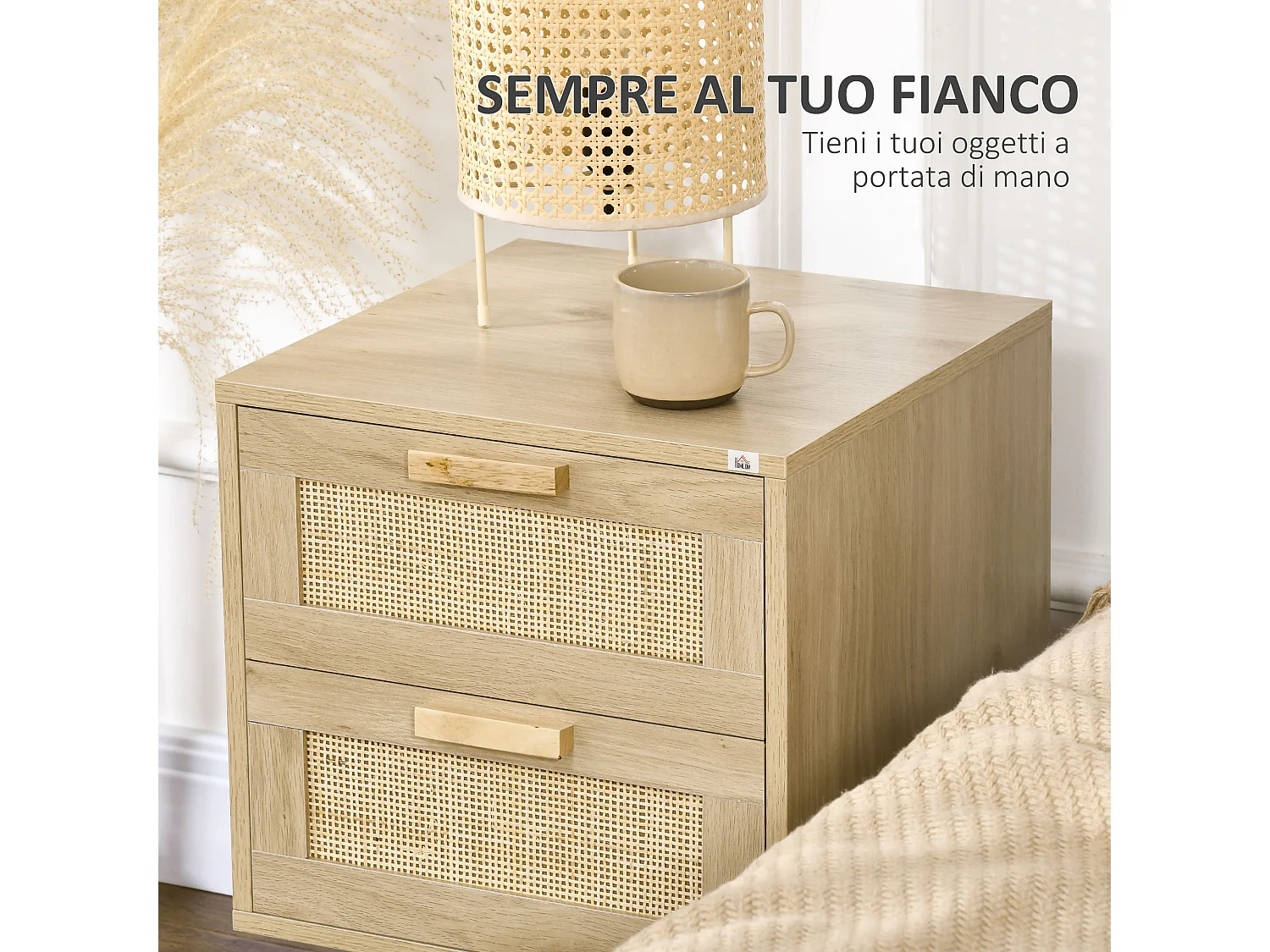Comodino con 2 cassetti in stile boho colore legno