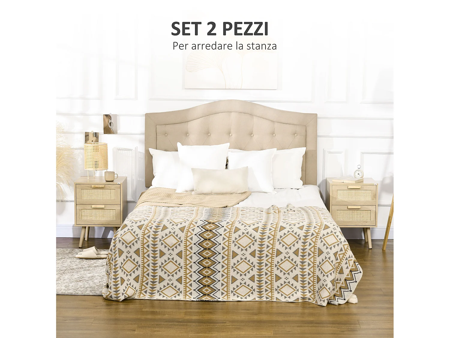 Set 2 comodini per camera da letto stile boho con 2 cassetti