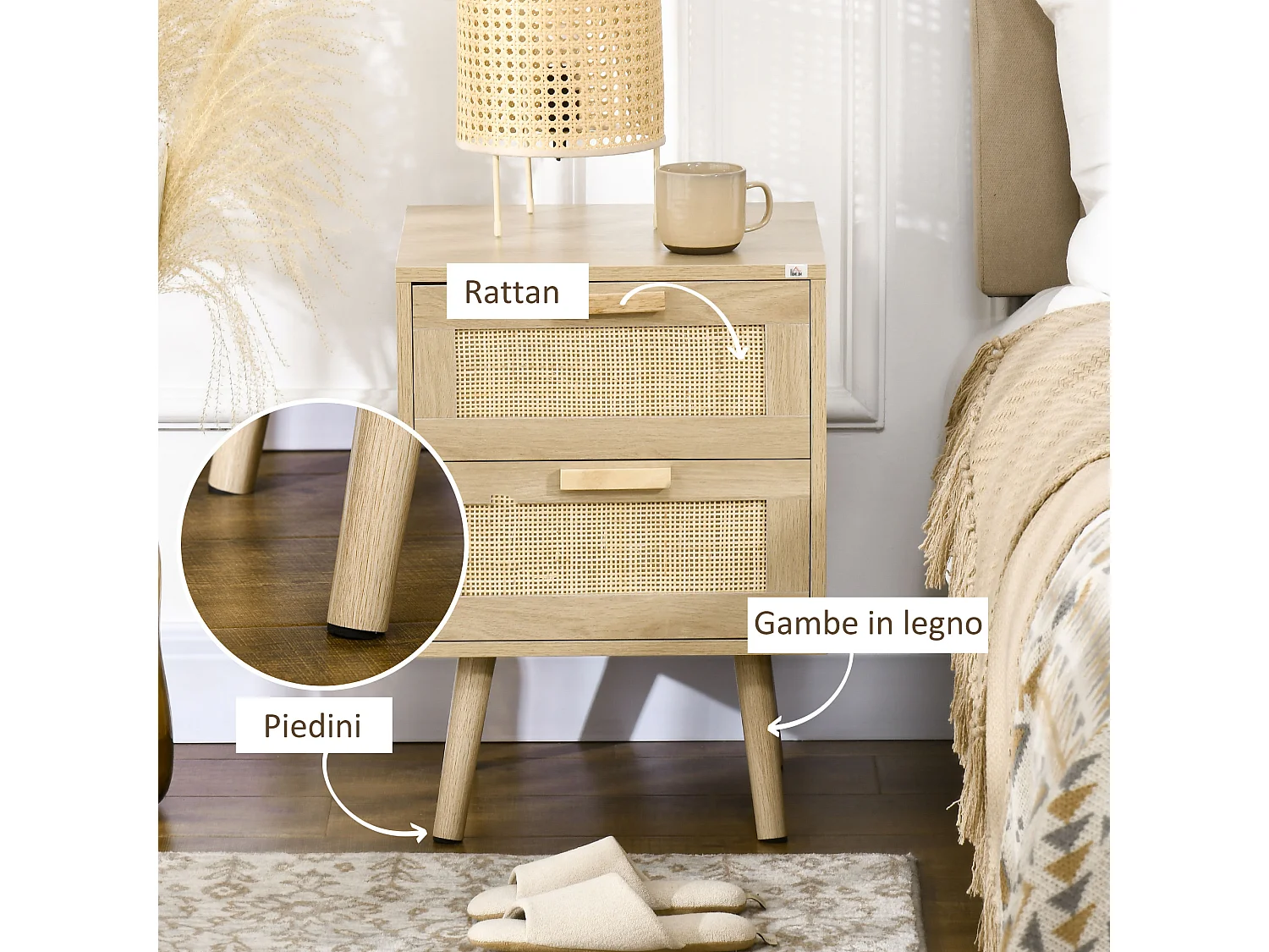 Set 2 comodini per camera da letto stile boho con 2 cassetti