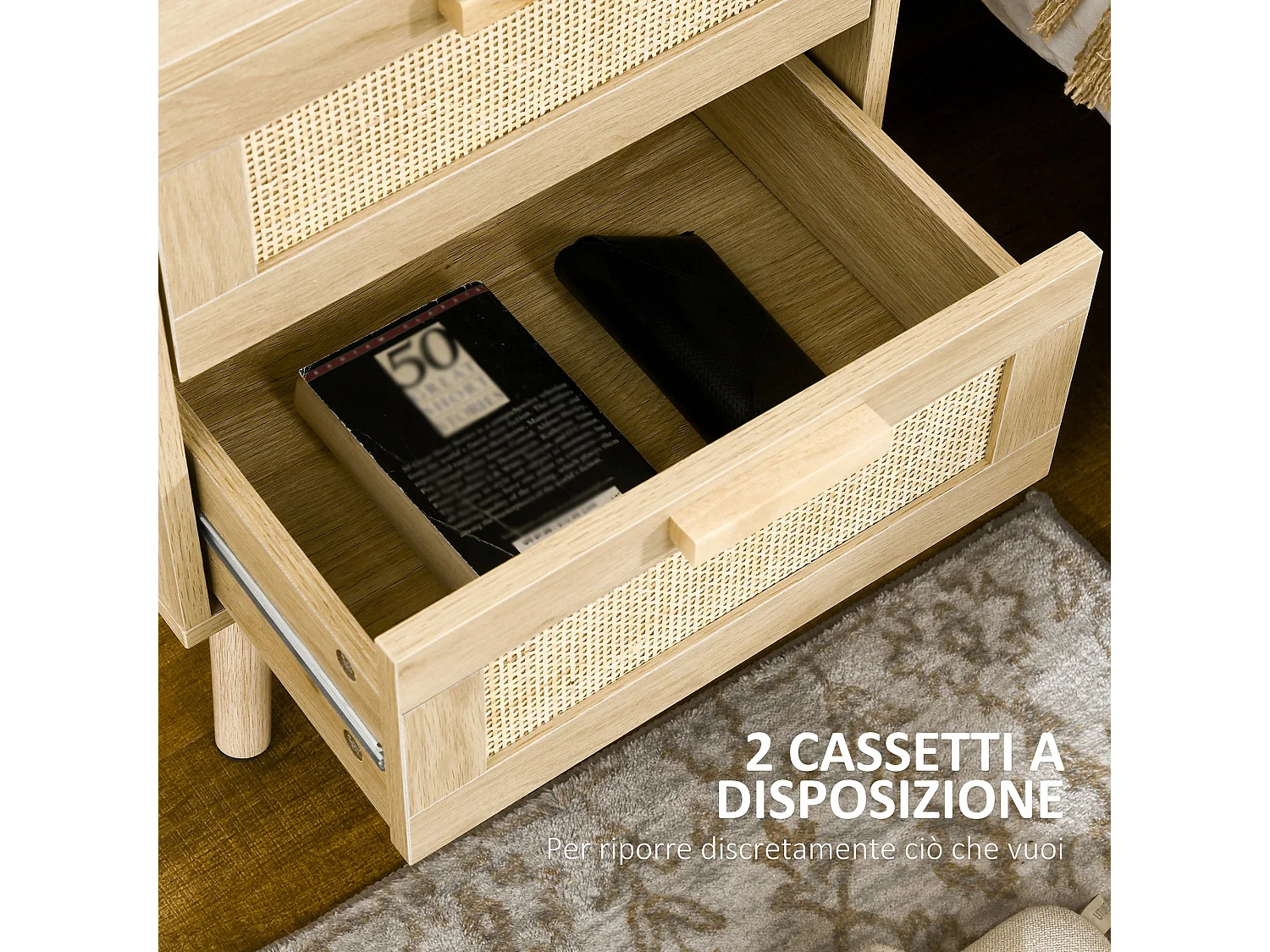 Set 2 comodini per camera da letto stile boho con 2 cassetti