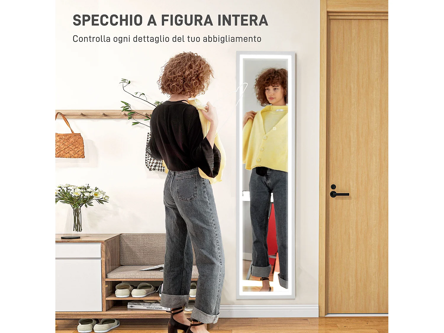 Specchio da parete e da terra con luci led regolabili bianco