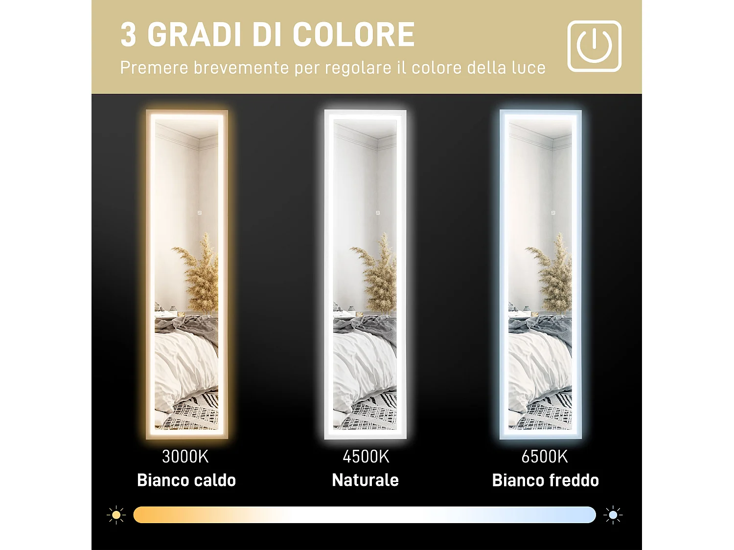 Specchio da parete e da terra con luci led regolabili bianco