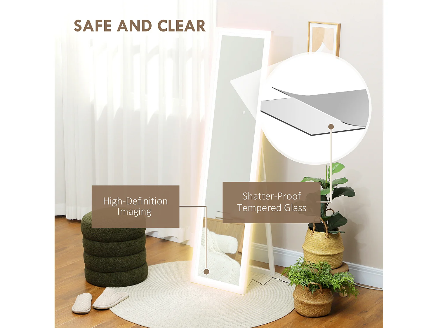 Specchio da parete e da terra con luci led regolabili bianco