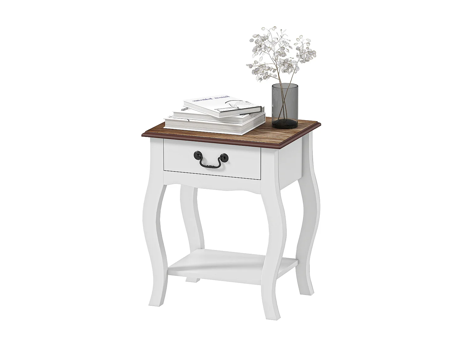 Comodino con cassetto e ripiano aperto in legno bianco e rovere