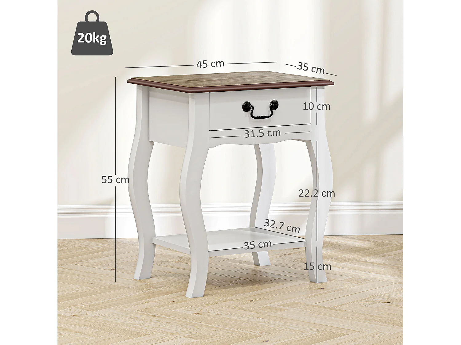 Comodino con cassetto e ripiano aperto in legno bianco e rovere