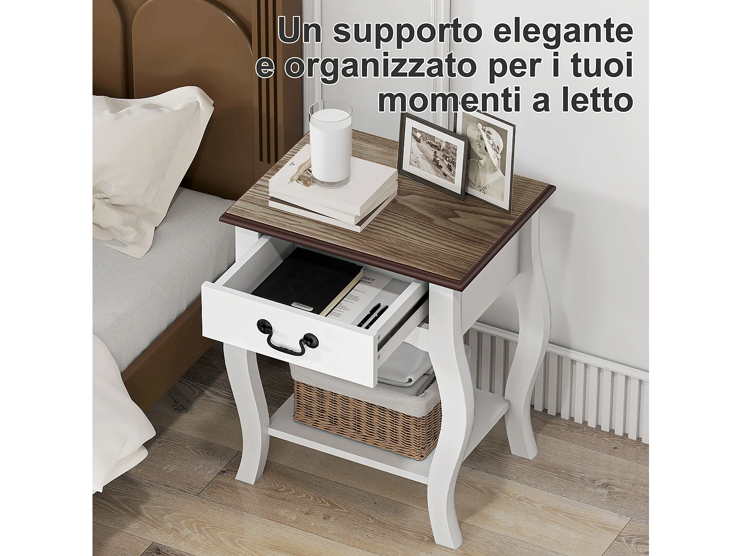 Comodino con cassetto e ripiano aperto in legno bianco e rovere