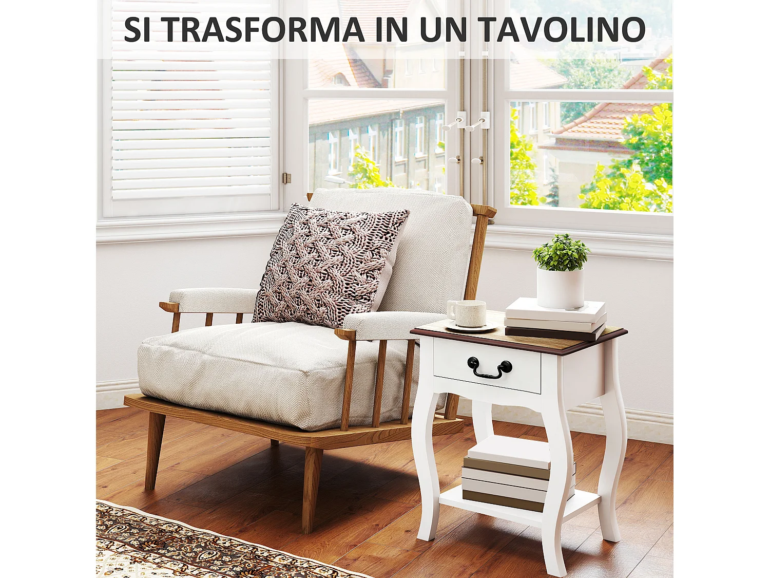 Comodino con cassetto e ripiano aperto in legno bianco e rovere