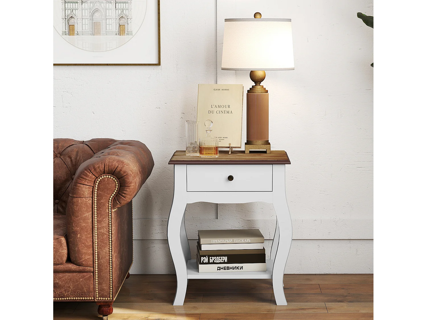 Comodino con cassetto e ripiano aperto in legno bianco e rovere