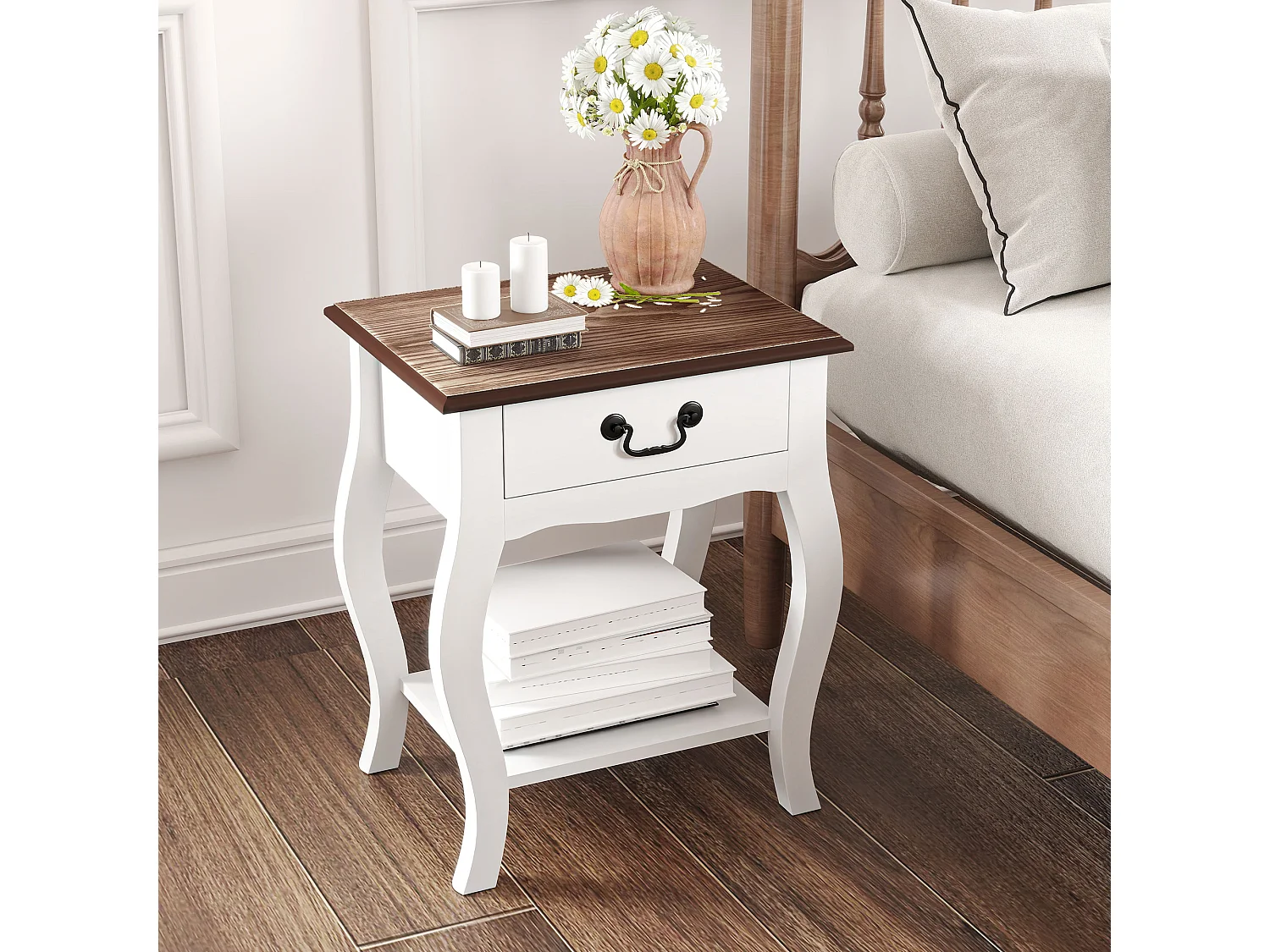 Comodino con cassetto e ripiano aperto in legno bianco e rovere