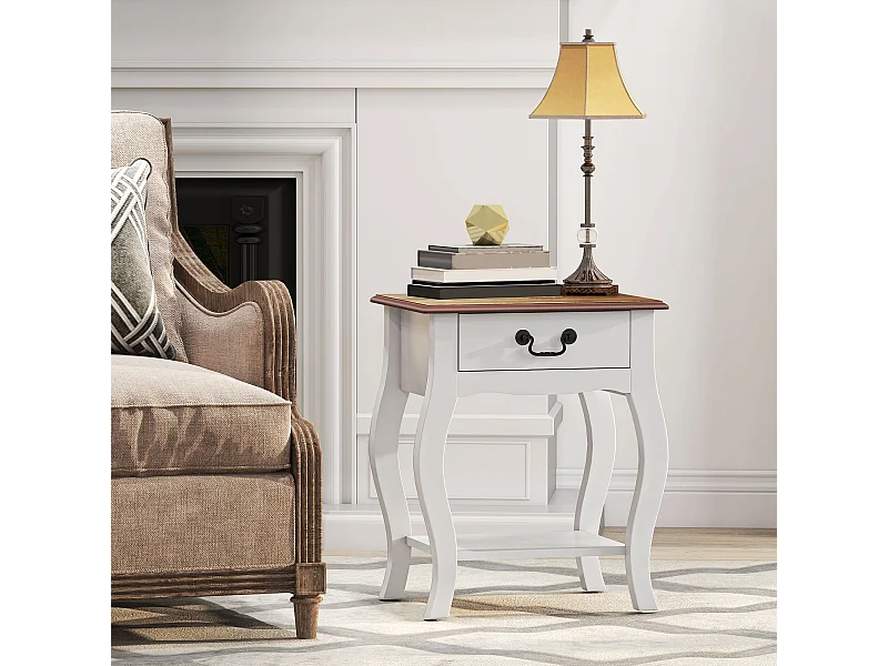 Comodino con cassetto e ripiano aperto in legno bianco e rovere