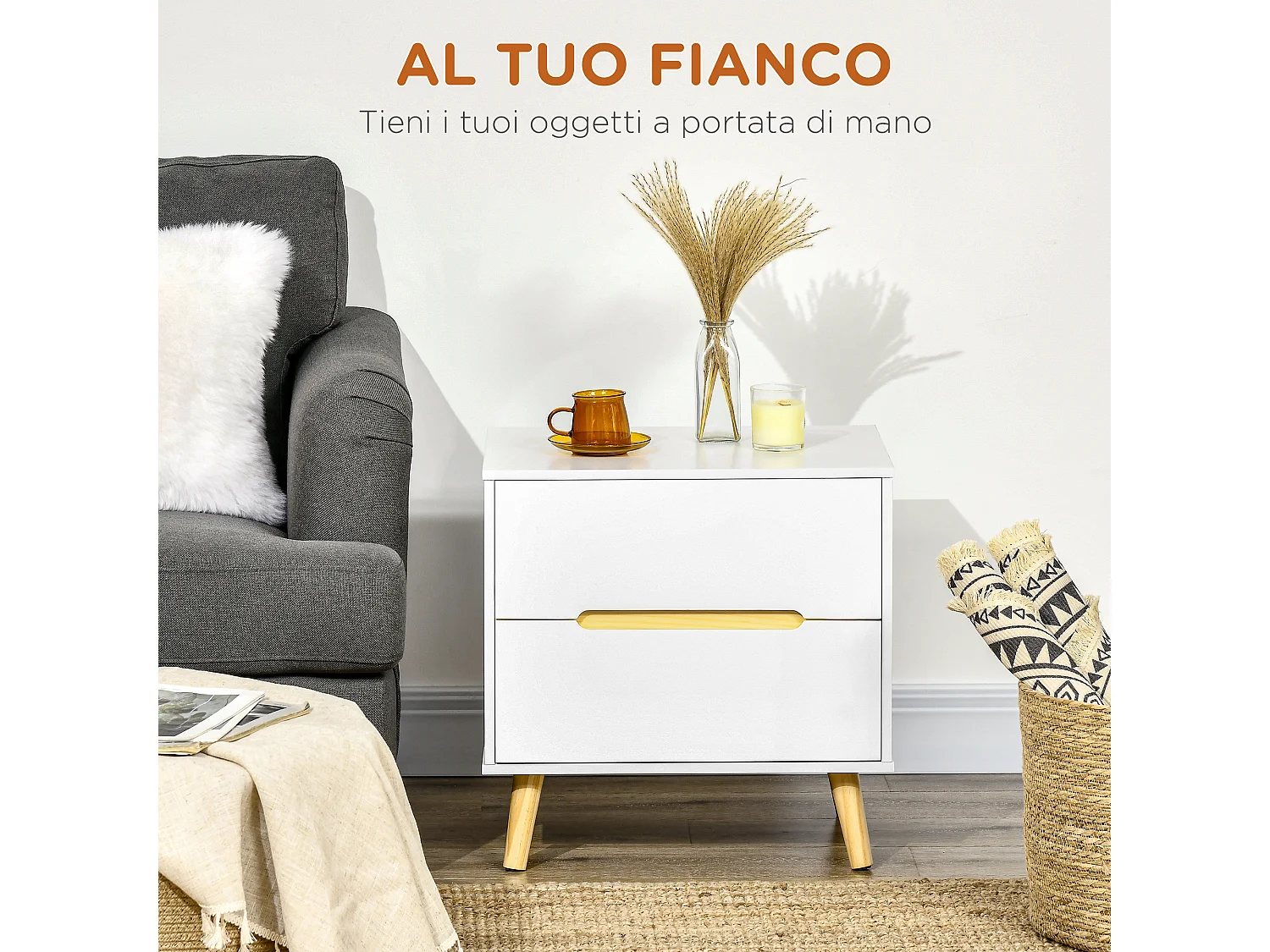 Comodino moderno con 2 cassetti 50lx40px50.5a cm bianco