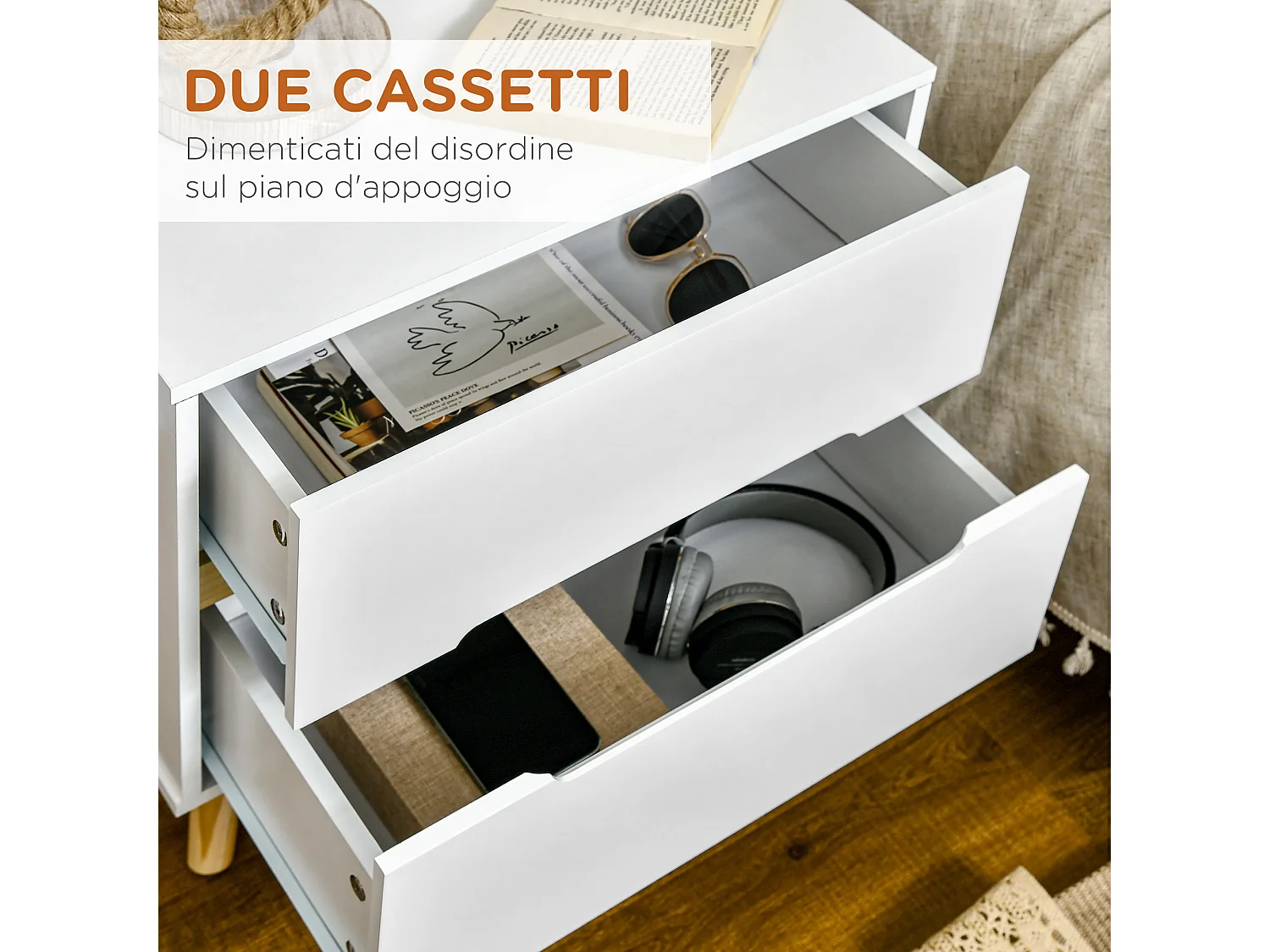 Comodino moderno con 2 cassetti 50lx40px50.5a cm bianco
