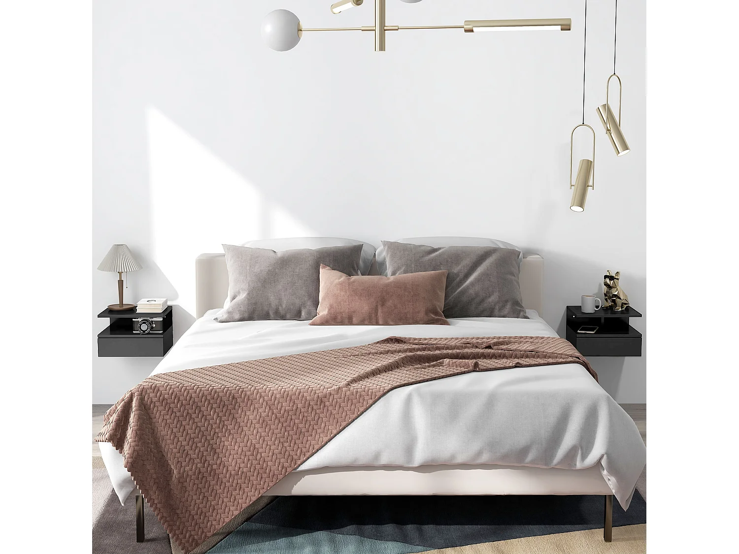 Set 2 comodini sospesi con cassetto e mensola nero lucido