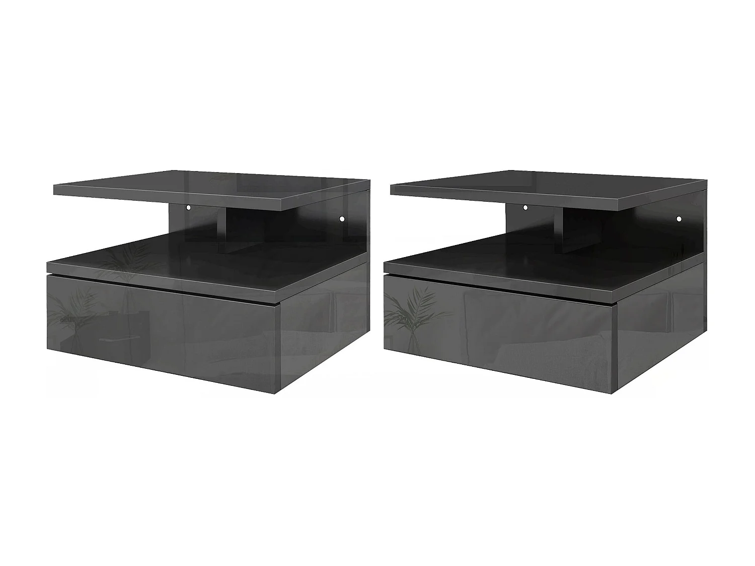 Set 2 comodini sospesi con cassetto e mensola nero lucido