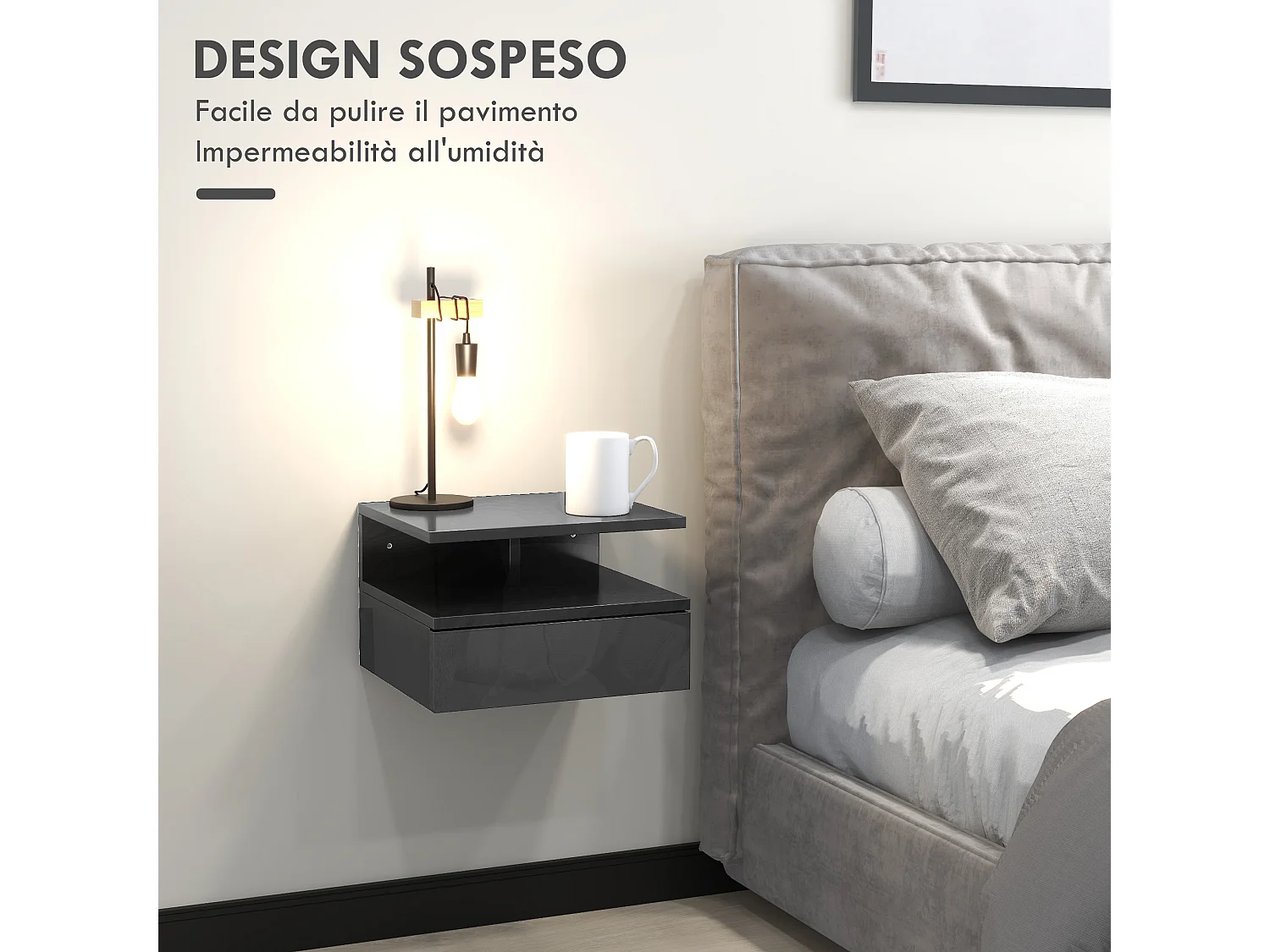 Set 2 comodini sospesi con cassetto e mensola nero lucido