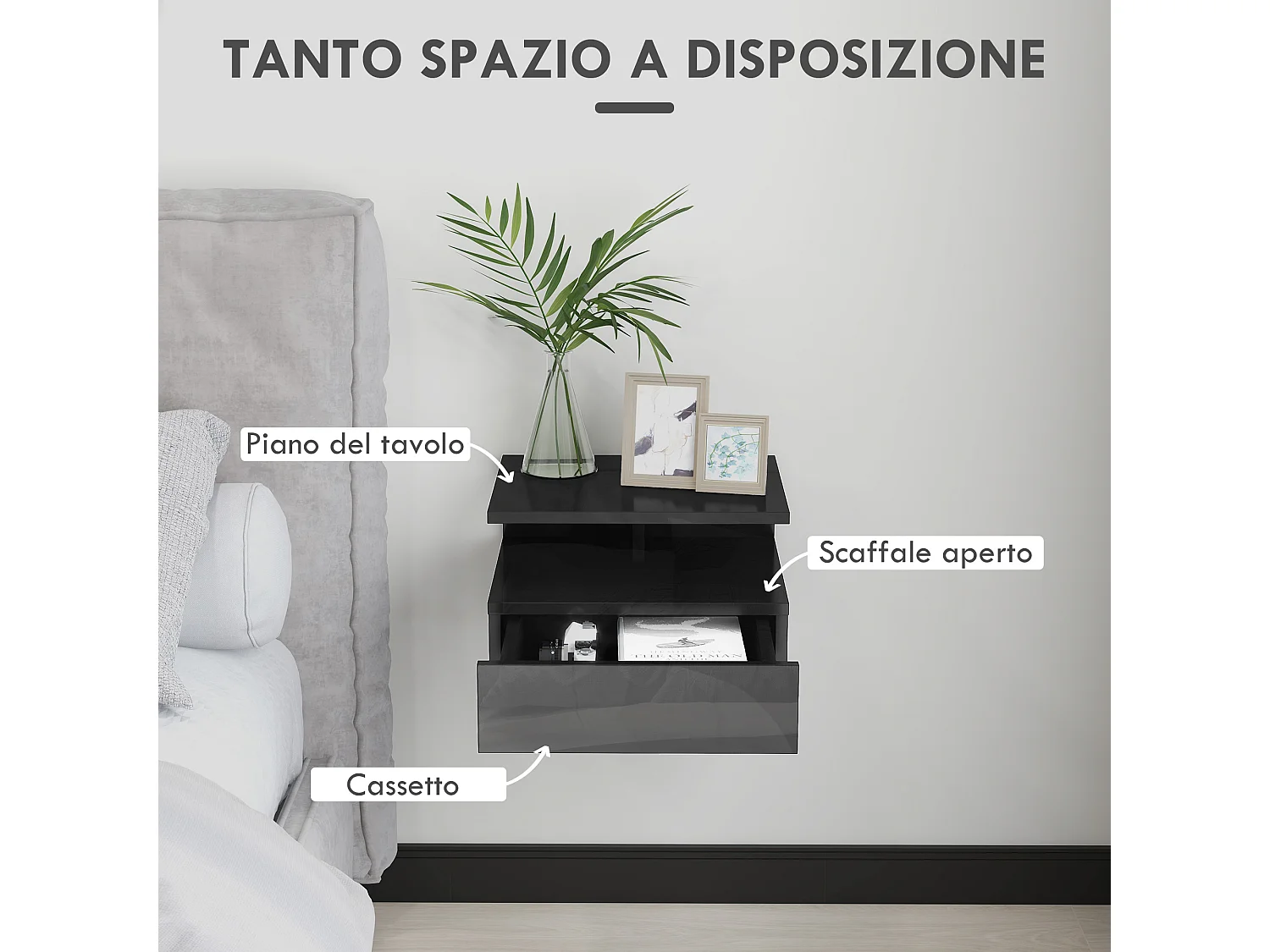 Set 2 comodini sospesi con cassetto e mensola nero lucido