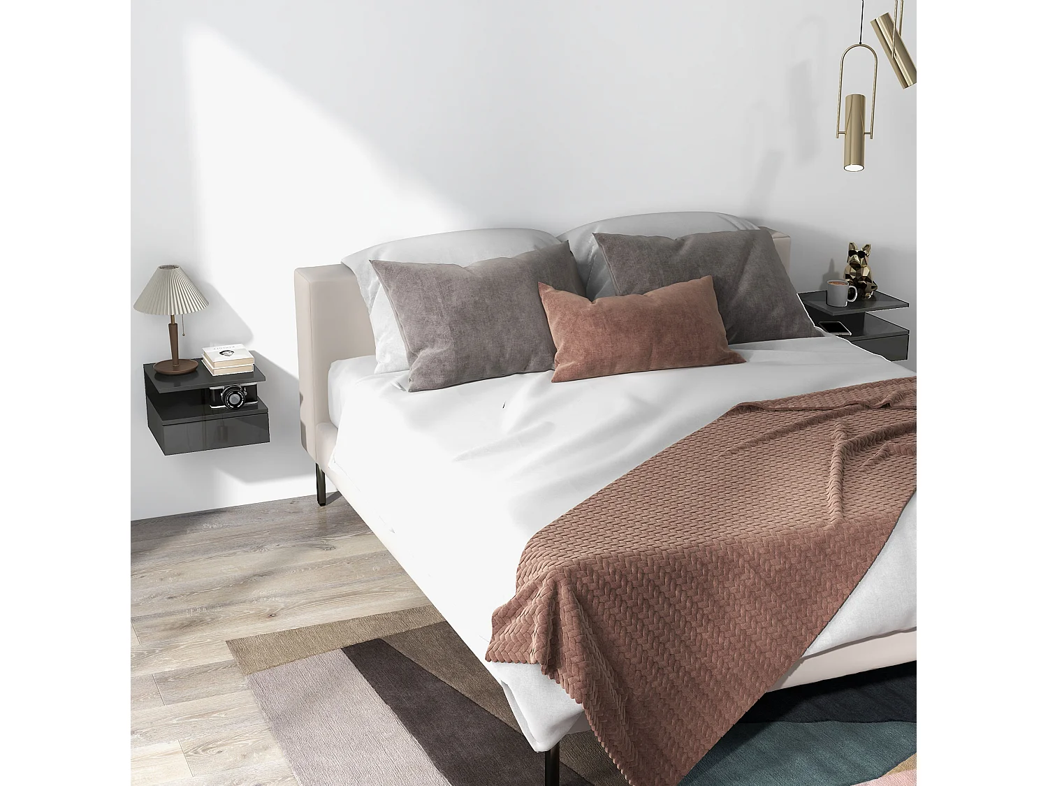 Set 2 comodini sospesi con cassetto e mensola nero lucido