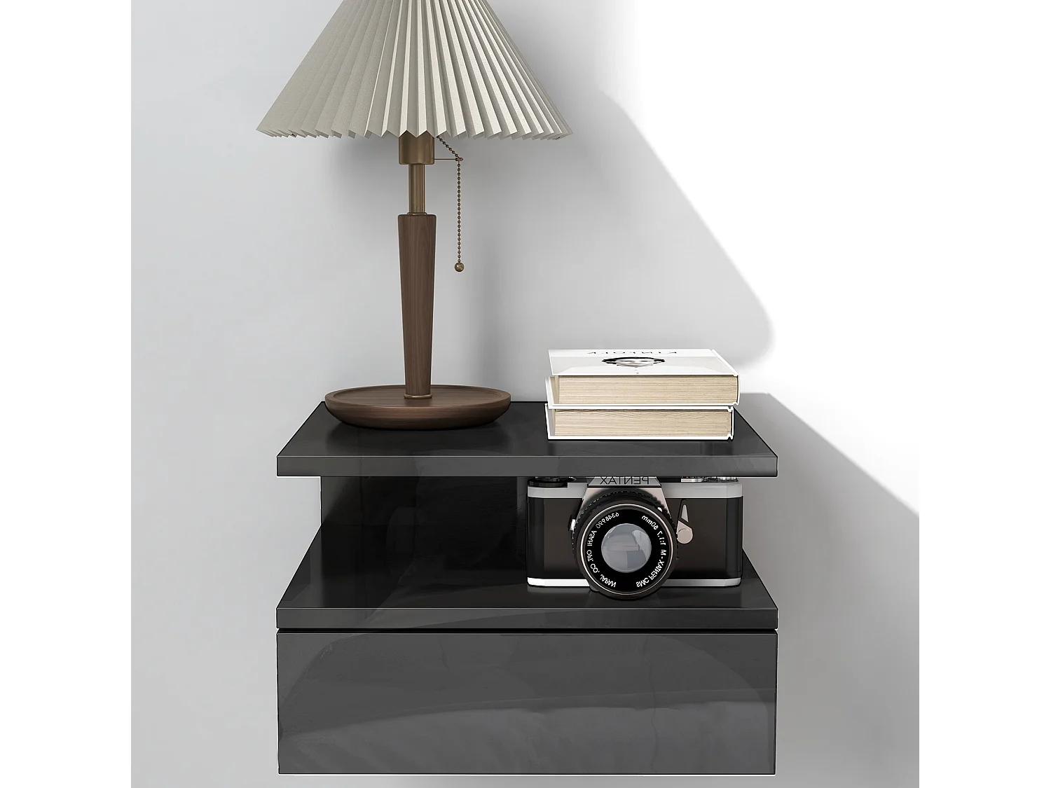 Set 2 comodini sospesi con cassetto e mensola nero lucido