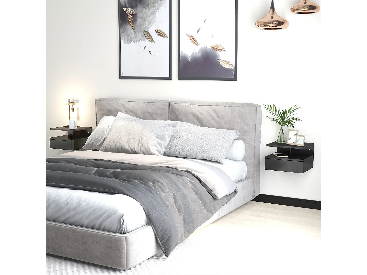 Set 2 comodini sospesi con cassetto e mensola nero lucido