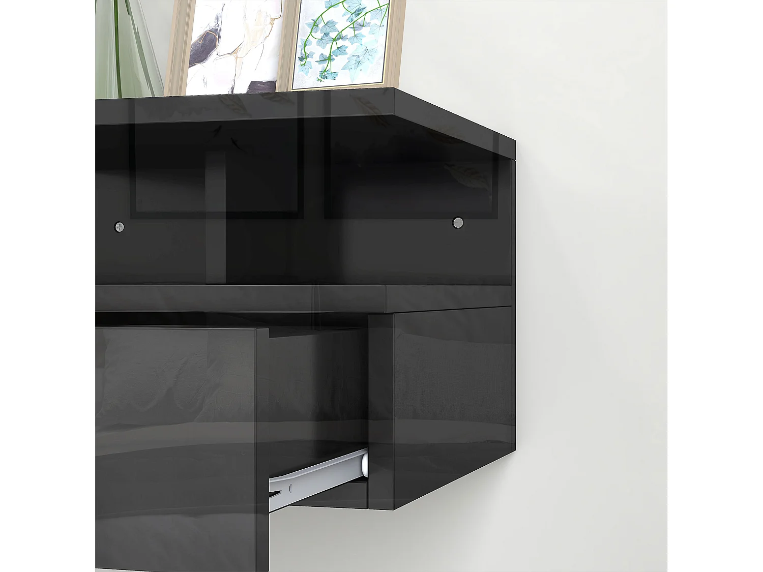 Set 2 comodini sospesi con cassetto e mensola nero lucido