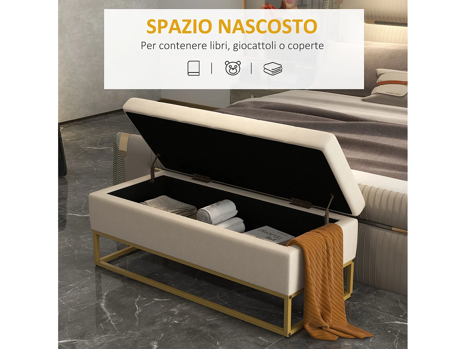 Panca contenitore con seduta imbottita tessuto beige