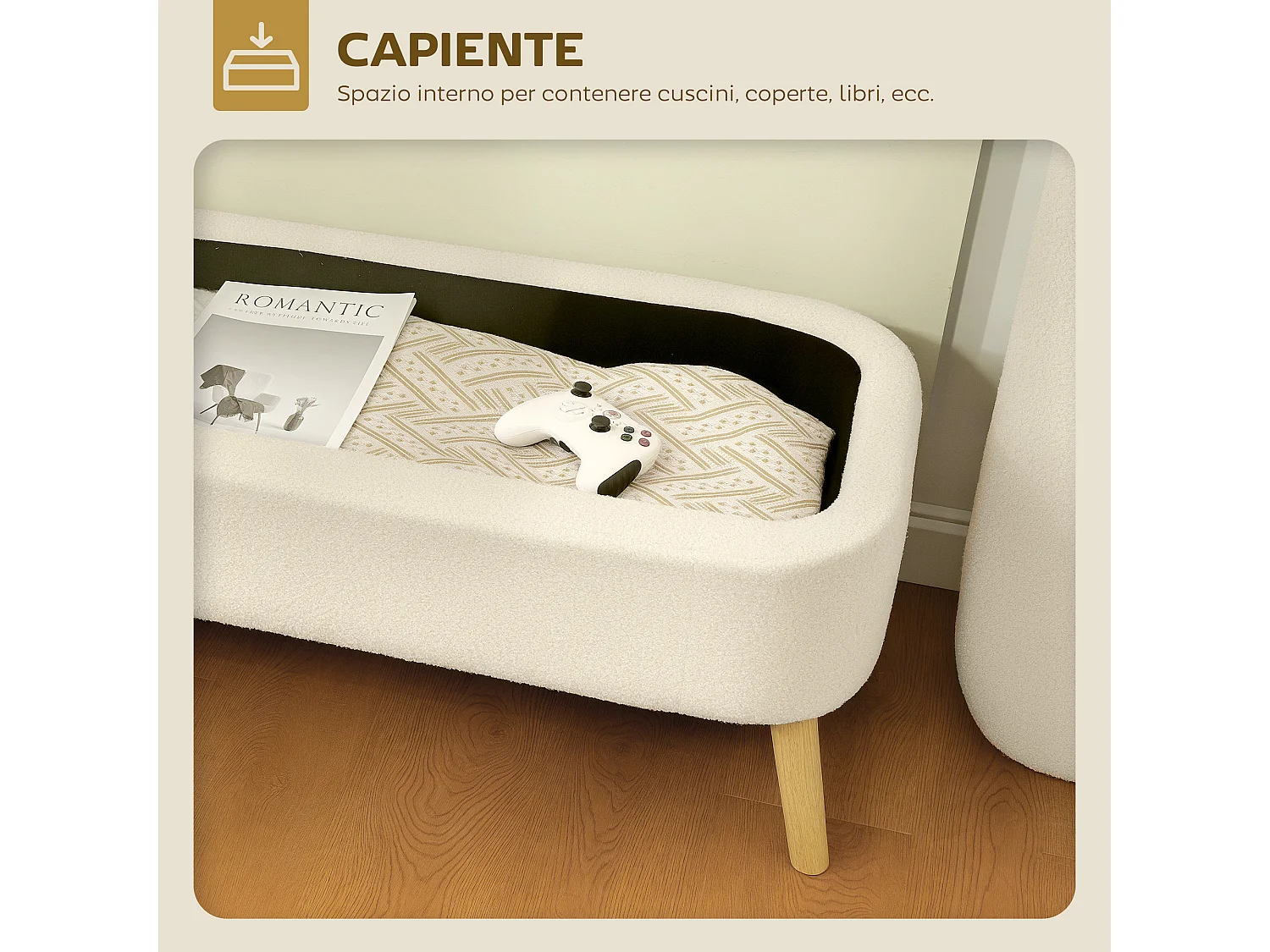 Panca contenitore imbottita da 65L in tessuto teddy beige