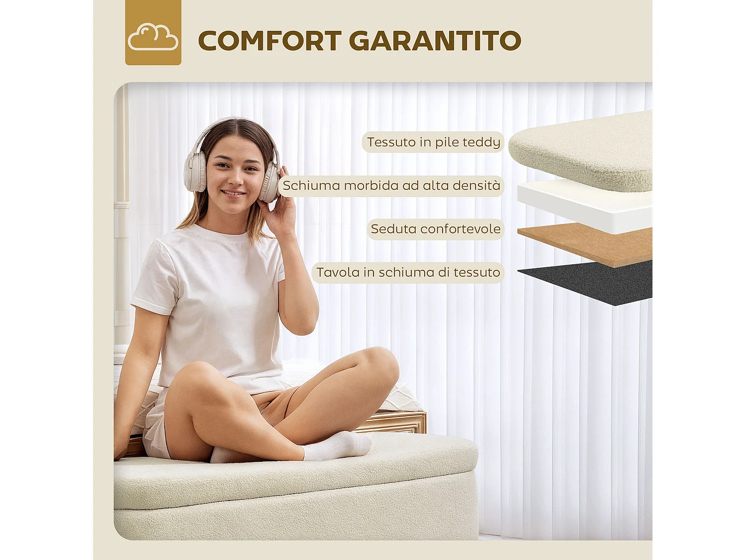 Panca contenitore imbottita da 65L in tessuto teddy beige