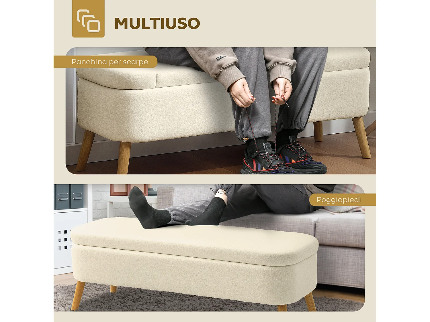 Panca contenitore imbottita da 65L in tessuto teddy beige